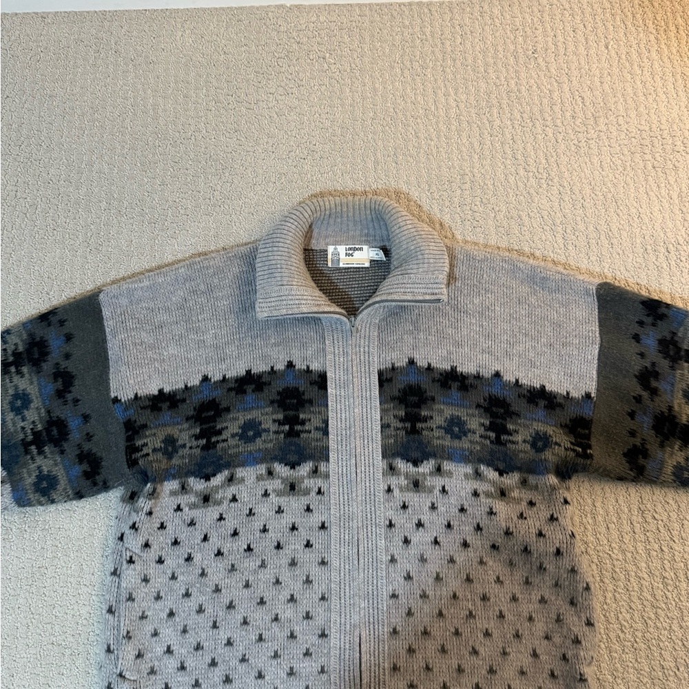 London Fog Gray and Blue Zip Up Sweater